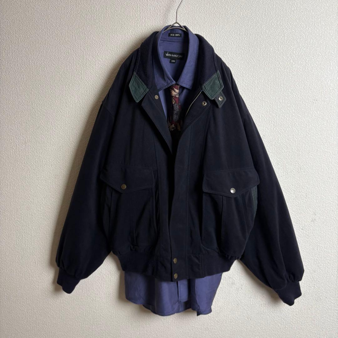 ネクタイシャツスイングトップ　スエード　シルク　ボタニカル　合成皮革切替古着