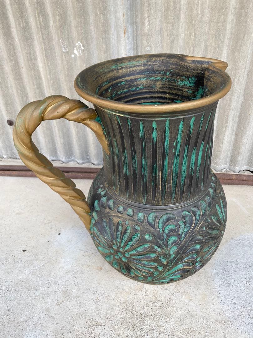 陶器製　花瓶　傘立て　壺　フラワーベース　置物　エメラルドグリーン　ゴールド