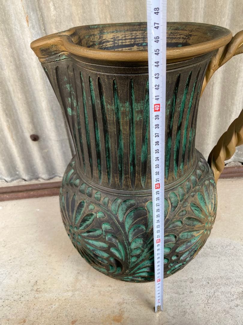 陶器製　花瓶　傘立て　壺　フラワーベース　置物　エメラルドグリーン　ゴールド