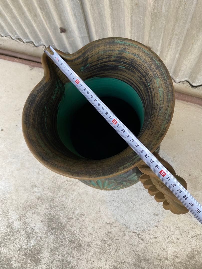 陶器製　花瓶　傘立て　壺　フラワーベース　置物　エメラルドグリーン　ゴールド