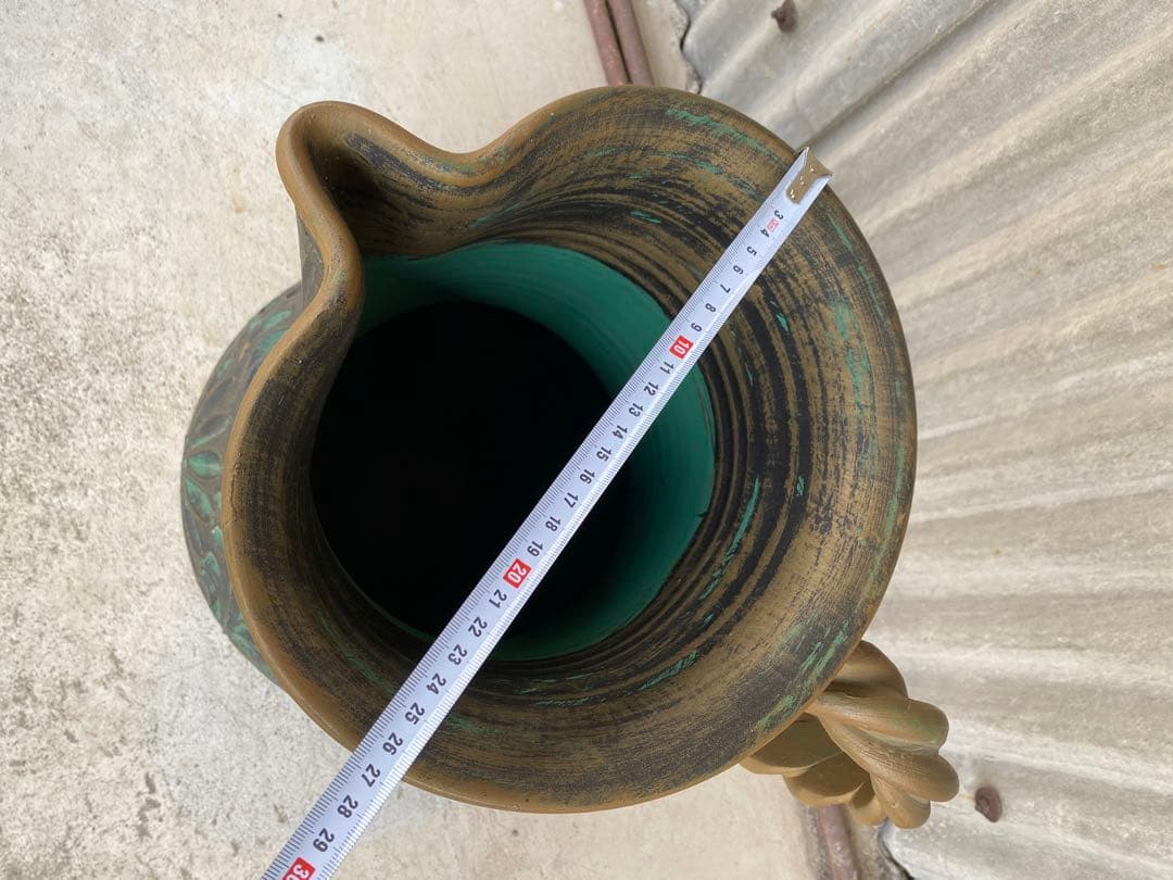 陶器製　花瓶　傘立て　壺　フラワーベース　置物　エメラルドグリーン　ゴールド