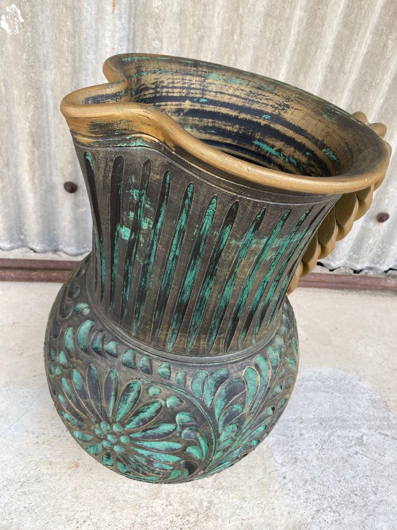 陶器製　花瓶　傘立て　壺　フラワーベース　置物　エメラルドグリーン　ゴールド