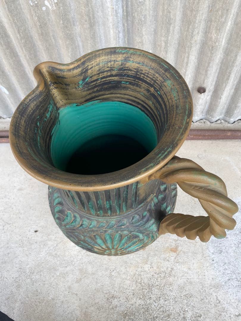 陶器製　花瓶　傘立て　壺　フラワーベース　置物　エメラルドグリーン　ゴールド