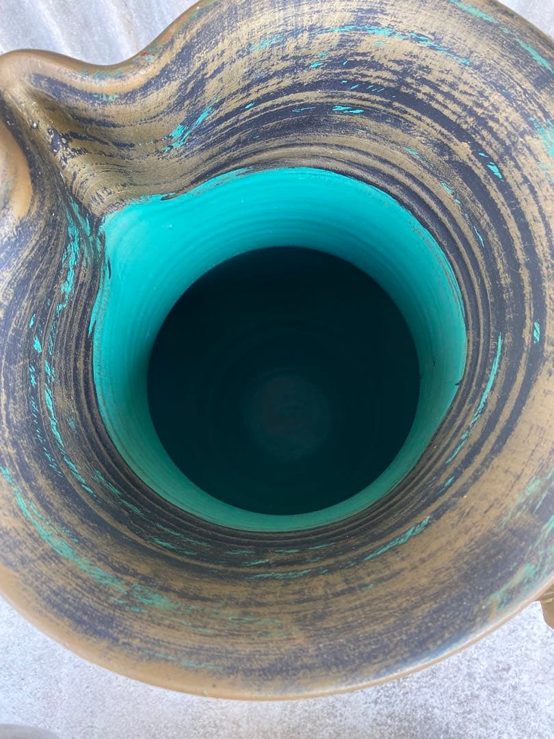 陶器製　花瓶　傘立て　壺　フラワーベース　置物　エメラルドグリーン　ゴールド