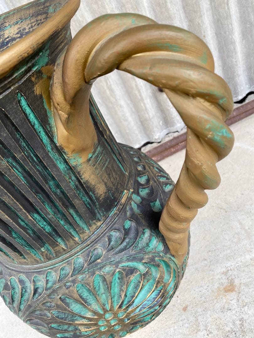 陶器製　花瓶　傘立て　壺　フラワーベース　置物　エメラルドグリーン　ゴールド