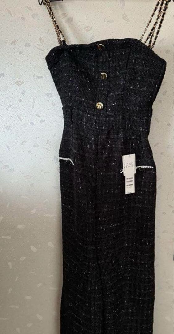 PARTY ダブルチェーンストラップツイードオールインワン　ブラック