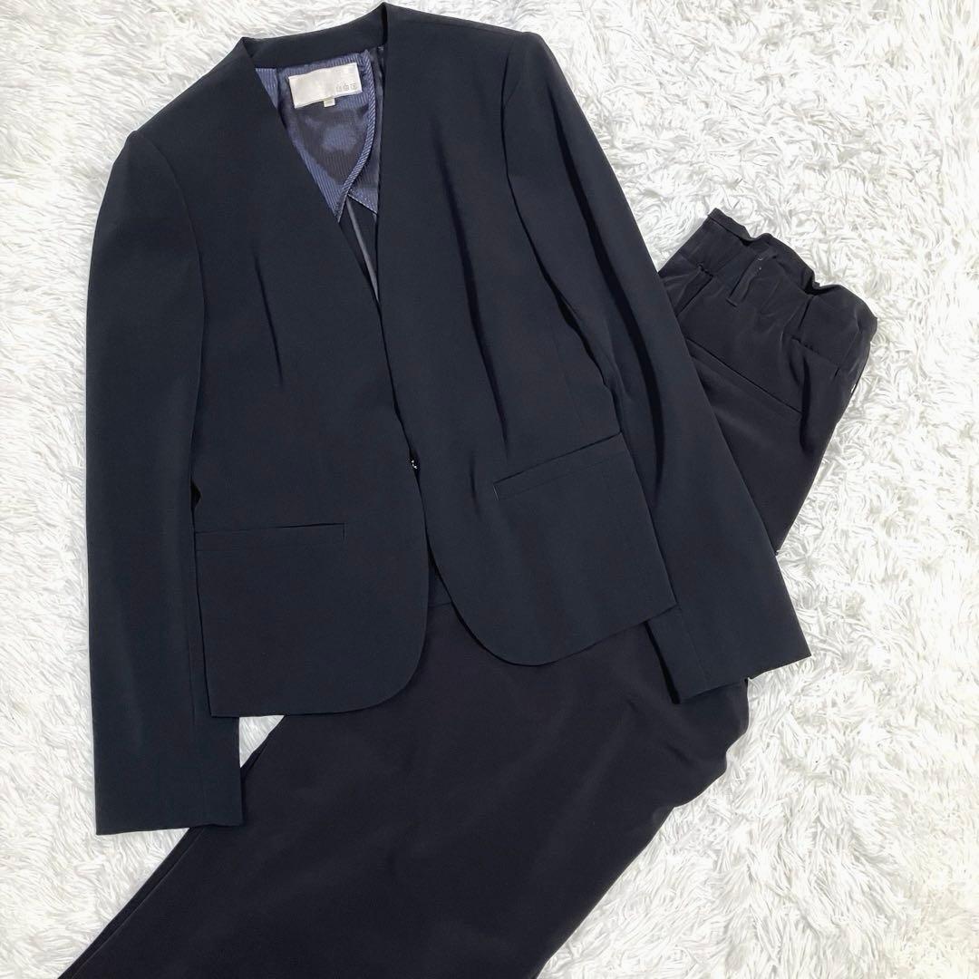 自由区 洗える ストレッチ セットアップ ワイドパンツ ノーカラー 黒 40