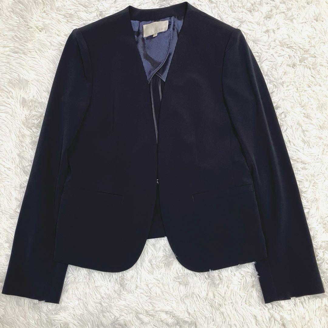 自由区 洗える ストレッチ セットアップ ワイドパンツ ノーカラー 黒 40