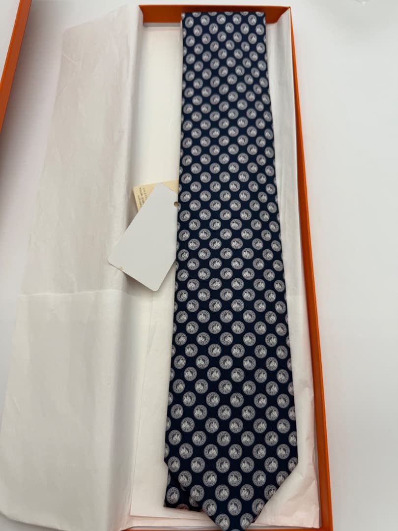 A*C様 【新品/未使用】HERMES ネイビー 円形模様 ネクタイ