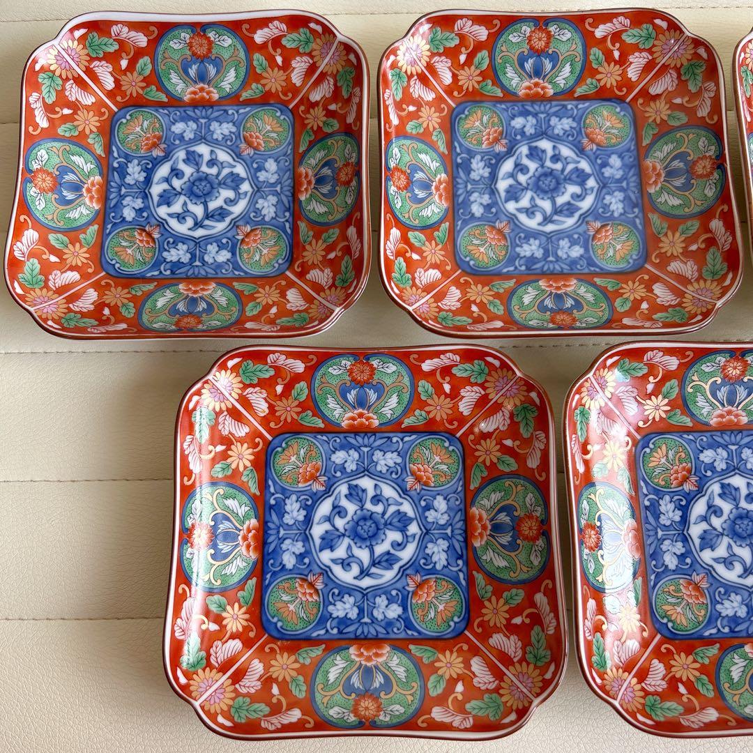 庫山窯　染錦　金彩花唐草　角皿揃　５枚セット　銘々皿　小皿　赤絵　色絵　古伊万里