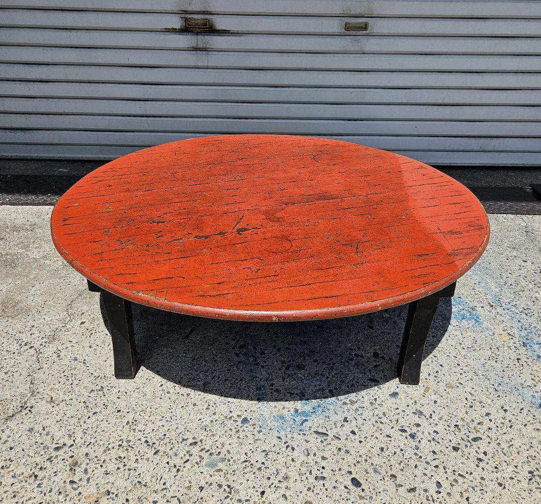 日本のアンティーク 朱塗りのちゃぶ台 折り畳み 座卓 丸テーブル 古家具
