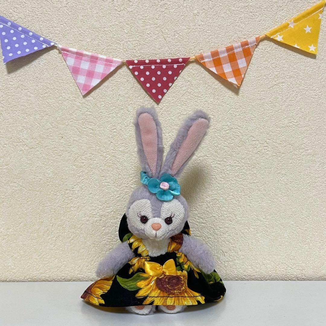 ハンドメイド★ブラック。ひまわり柄ワンピース★ぬいば♡ストラップ用コスチューム