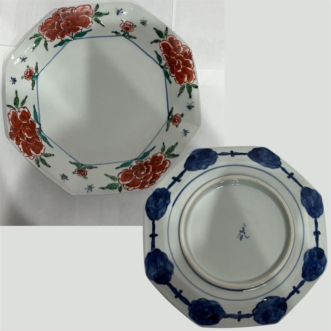 【新品】正木春蔵 色絵染附 牡丹文八角皿 3枚セット