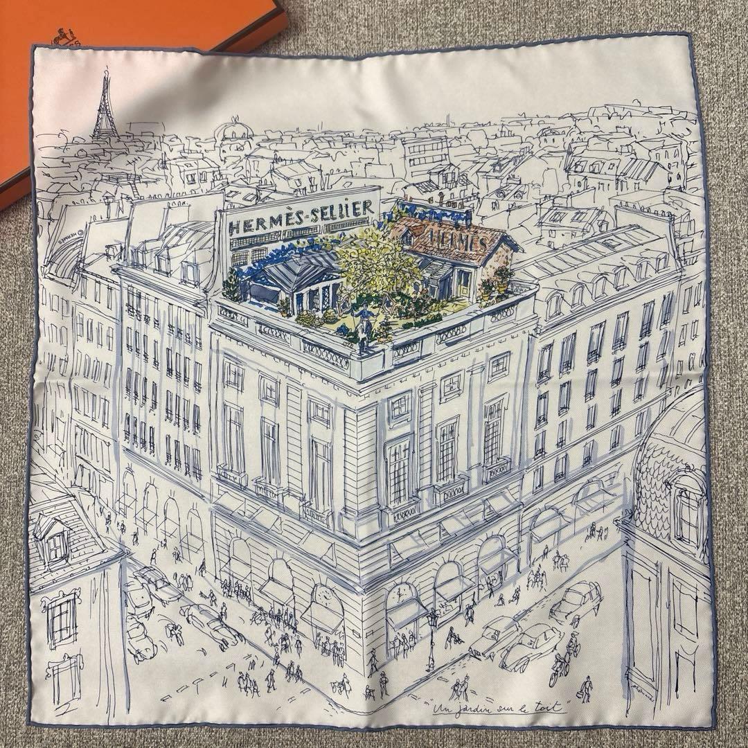 新品　エルメス　スカーフ　屋根の上の庭　希少　ガヴロッシュ　ホワイト、ブルー