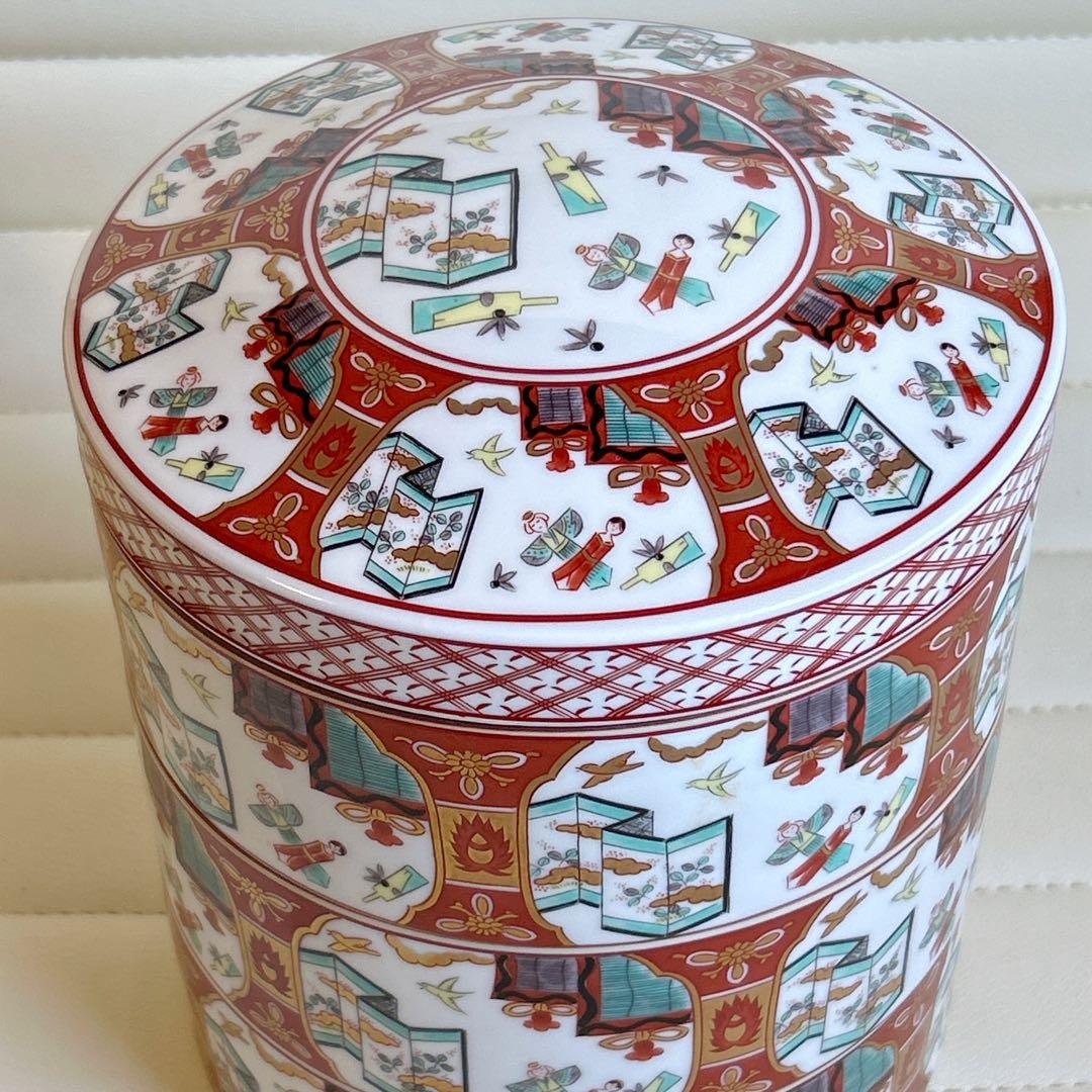 三洋陶器　龍峰窯　古伊万里羽子板　三段重　蓋付き重ね鉢　金彩　赤絵　色絵　お重