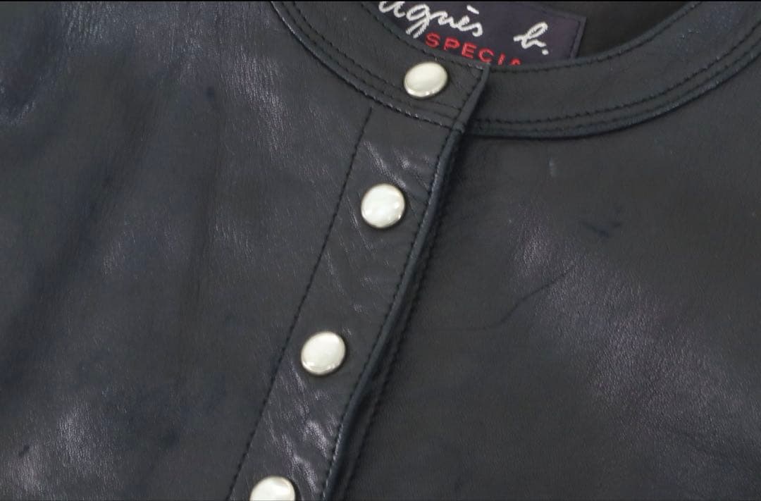 【agnes b. SPECIAL レザー 40 ノーカラー ジャケット 黒】