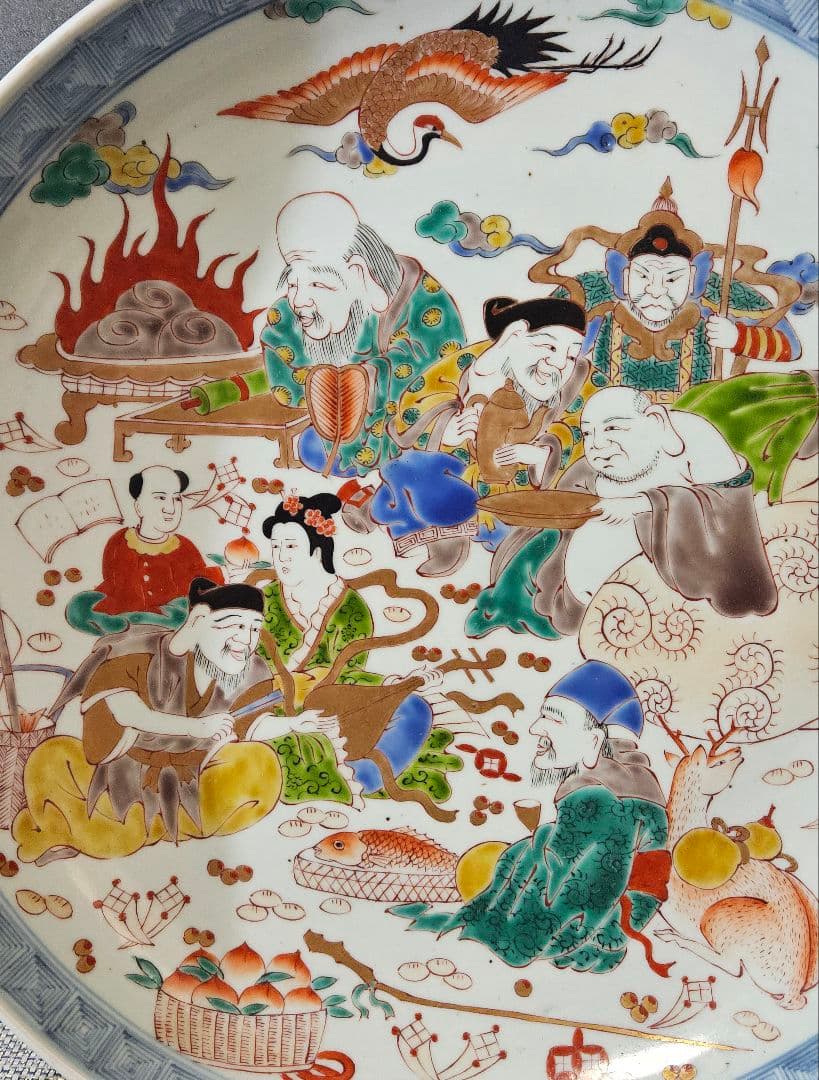 【珍品図変わり❗️】明治時代　古伊万里　錦手　金彩色絵　七福神図　唐草文様　大皿
