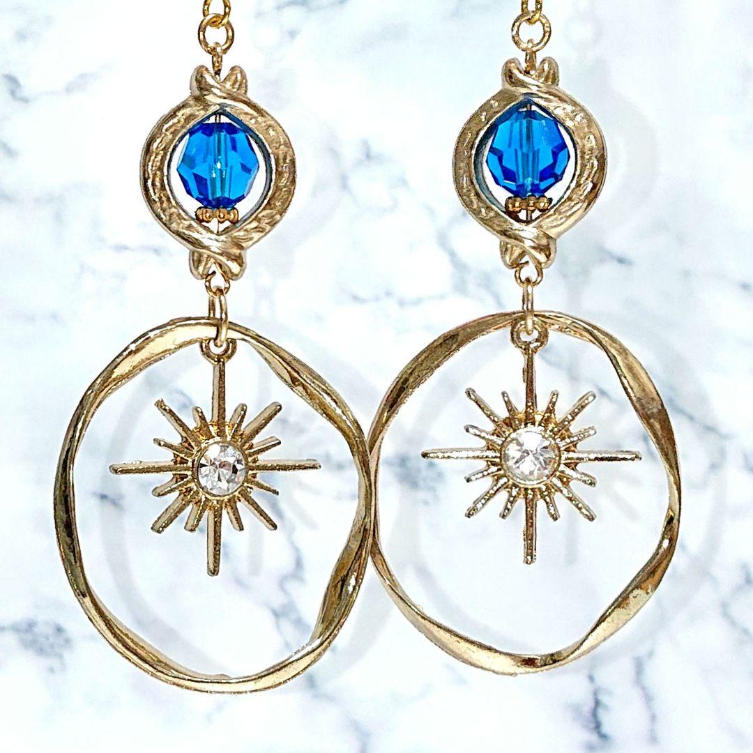 【ピアス】フープ ランタン風デザイン エスニックアジアン ブルー 青