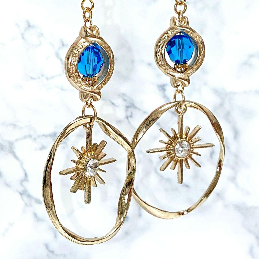 【ピアス】フープ ランタン風デザイン エスニックアジアン ブルー 青