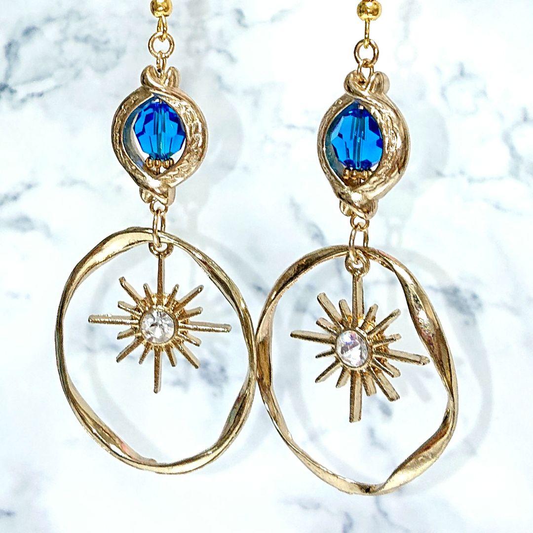 【ピアス】フープ ランタン風デザイン エスニックアジアン ブルー 青