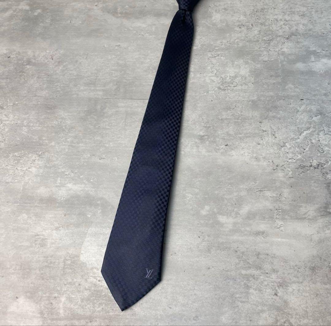 極美品 LOUIS VUITTON ジャガード マイクロダミエ ネクタイ 紺