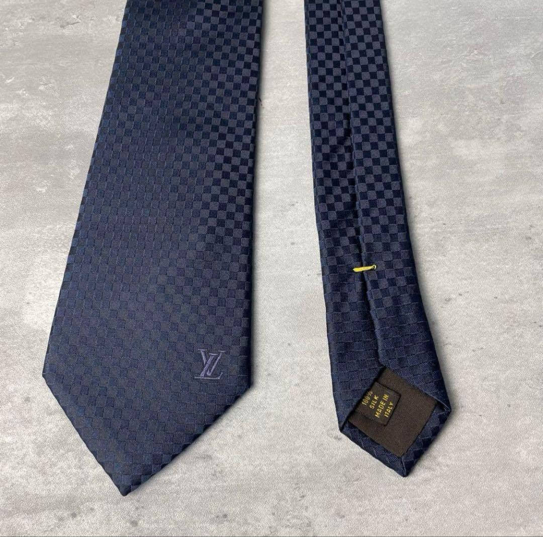 極美品 LOUIS VUITTON ジャガード マイクロダミエ ネクタイ 紺