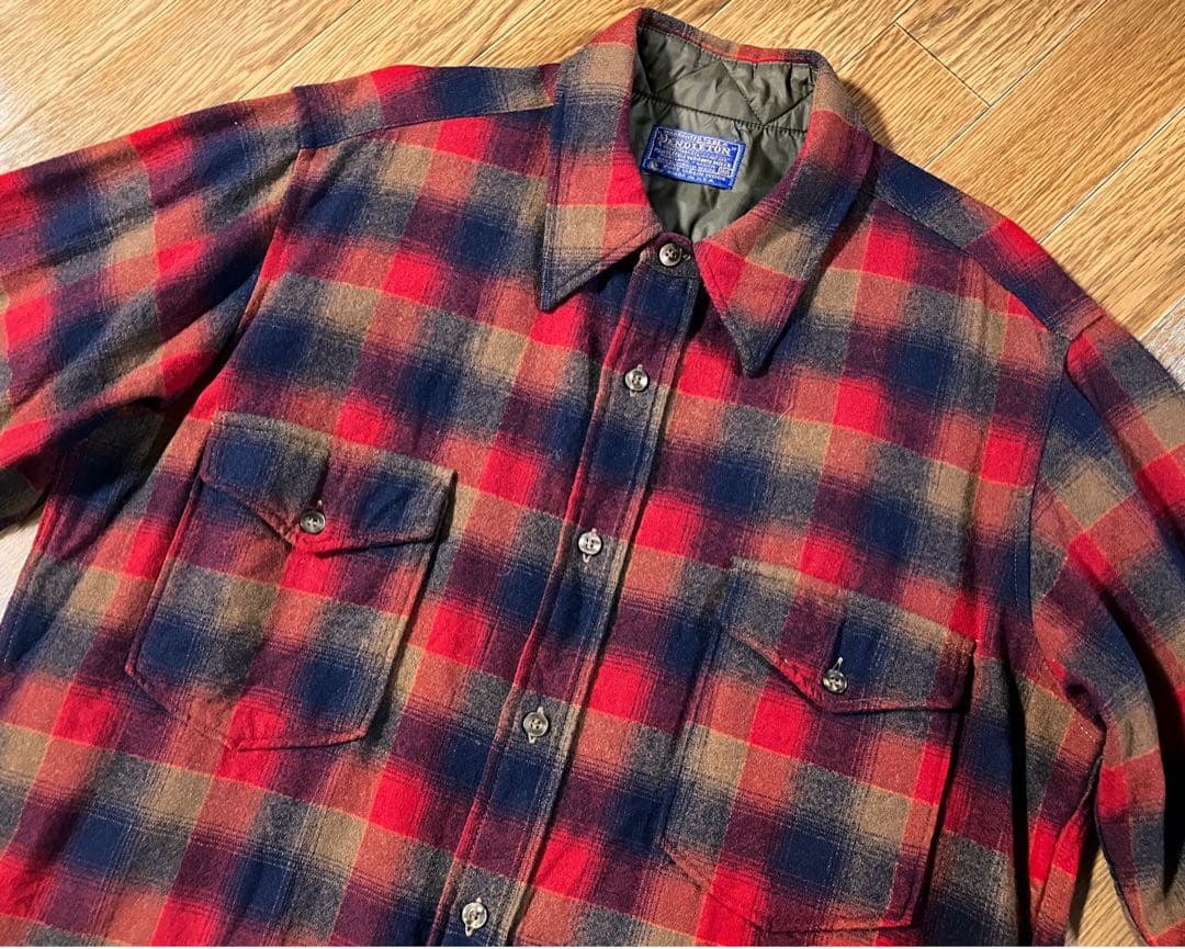 70s ペンドルトン ロング丈 オンブレチェックシャツ 赤×黒 Lサイズ