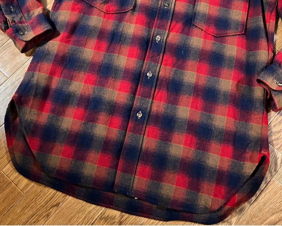 70s ペンドルトン ロング丈 オンブレチェックシャツ 赤×黒 Lサイズ