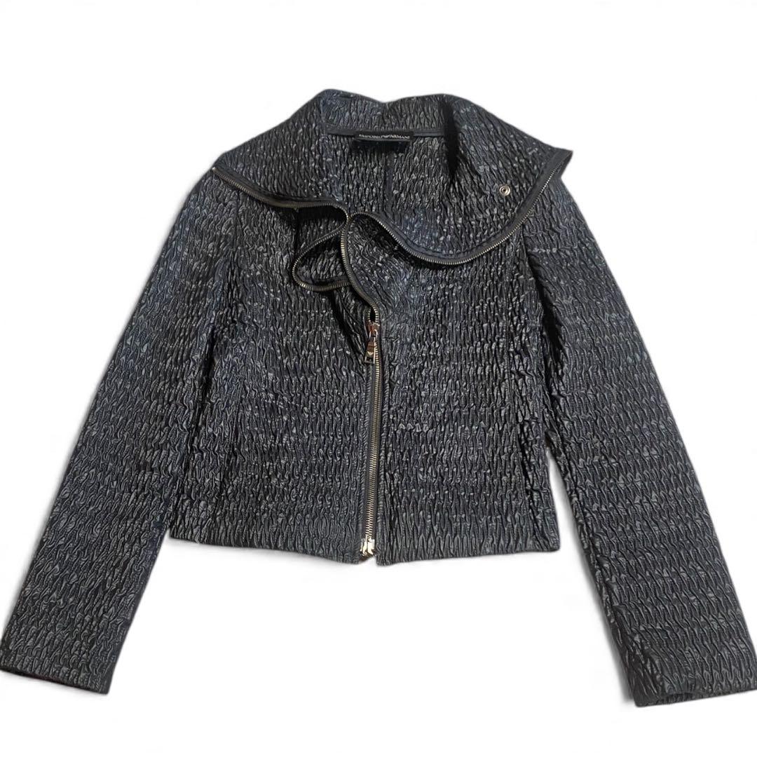 美品＊EMPORIO ARMANI＊ジップアップ 黒シワ加工 ジャケット XS