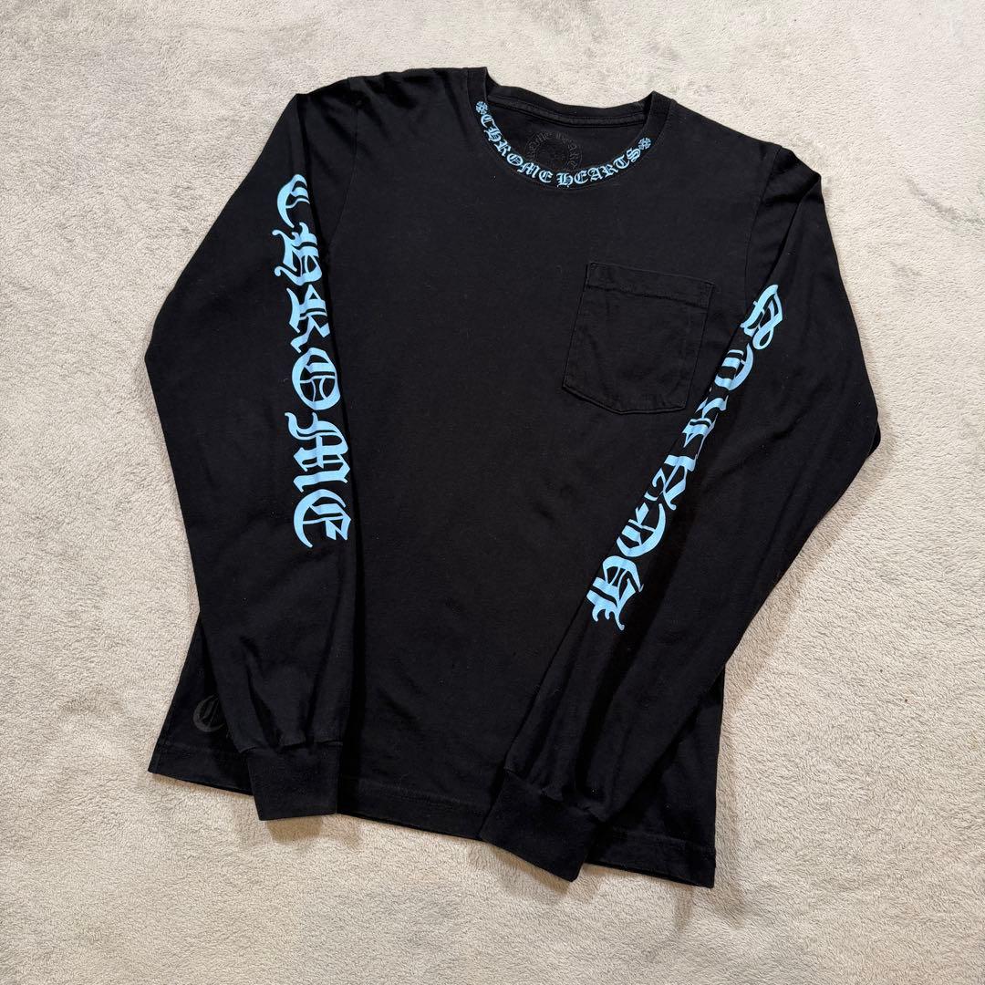 クロムハーツ　長袖Tシャツ　Sサイズ アームロゴ　ネックロゴ　ブラック　水色