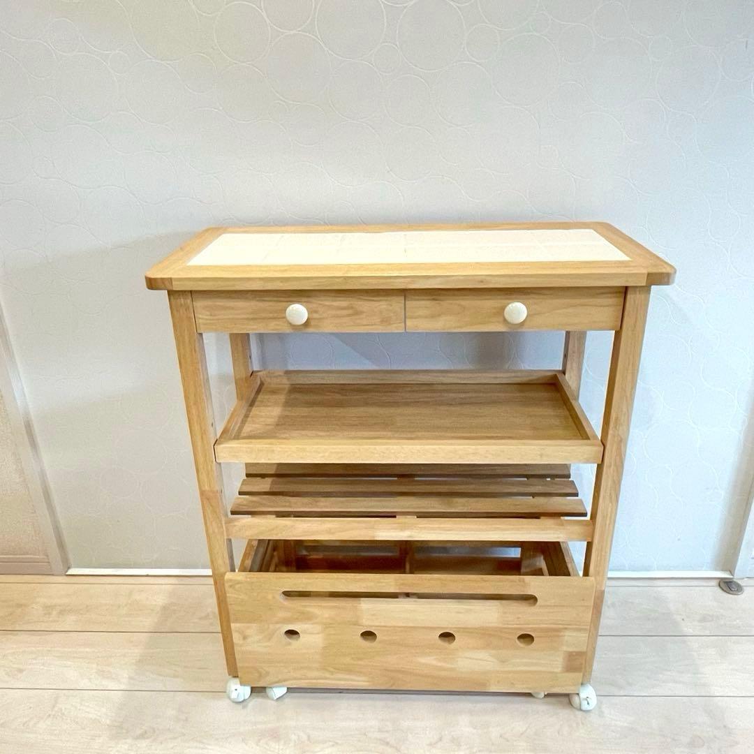 【美品】 タイル天板 木製キッチンワゴン キャスター付 北欧 収納棚 カントリー