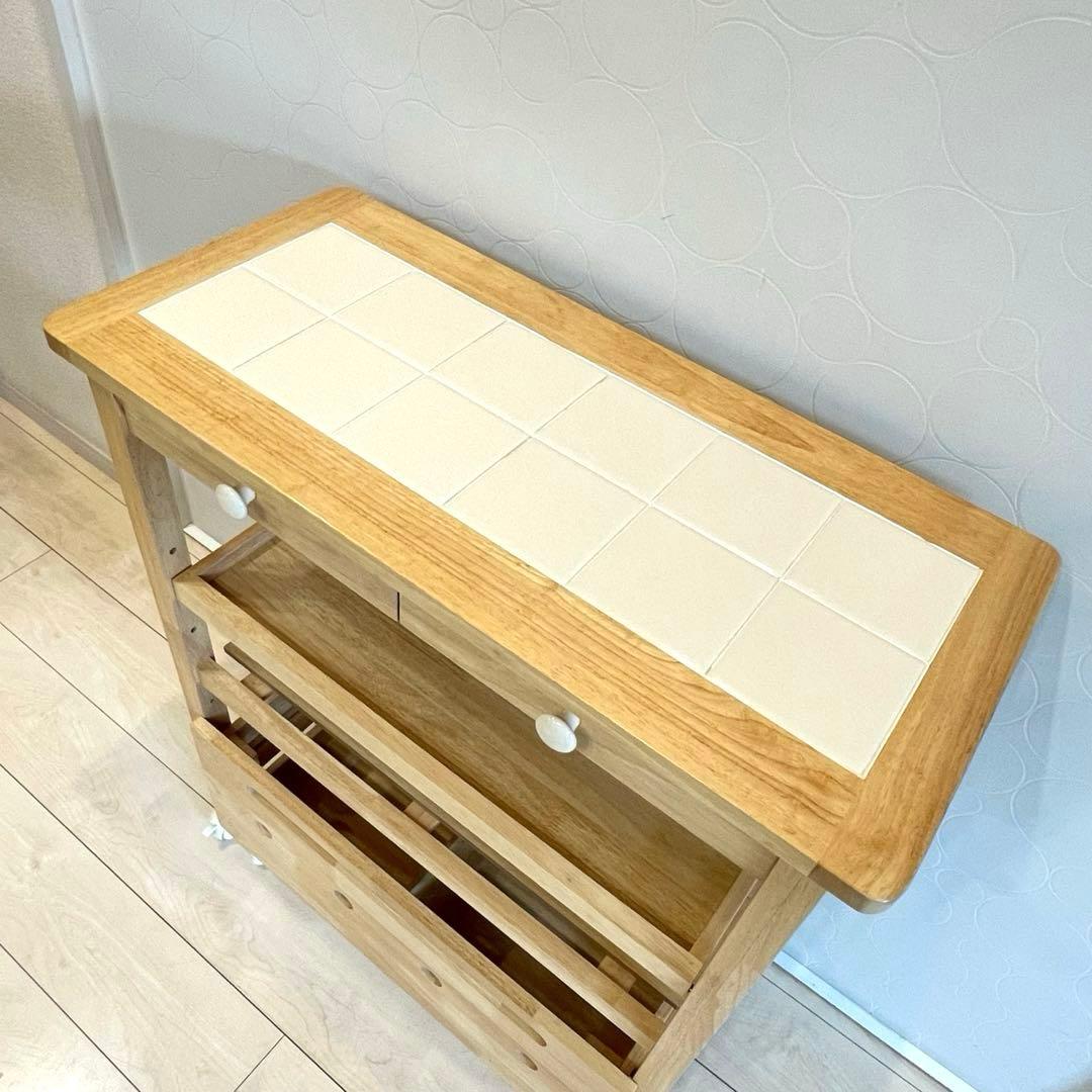 【美品】 タイル天板 木製キッチンワゴン キャスター付 北欧 収納棚 カントリー