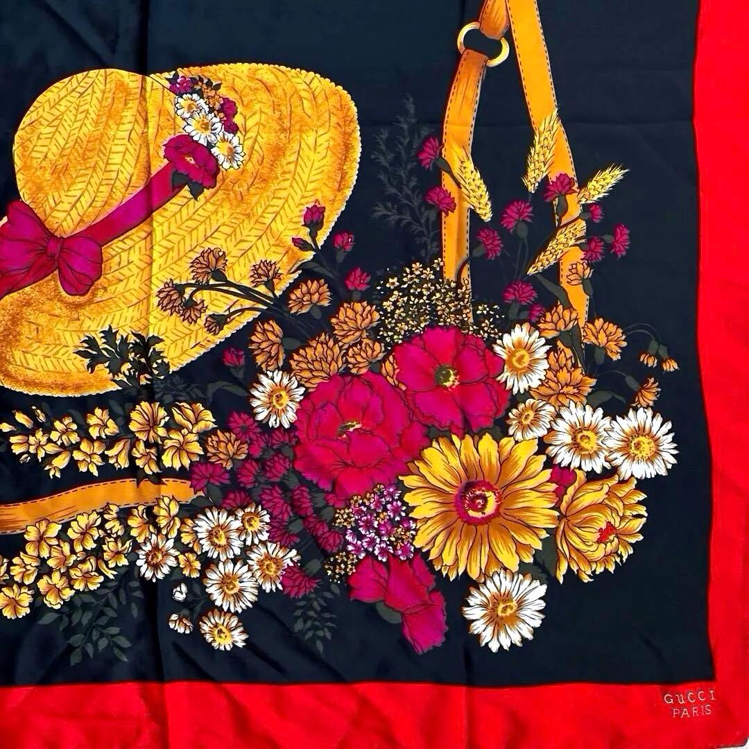 GUCCI 麦わら帽子と花柄大判シルクスカーフ タグ付き　美品　フランス製　専用