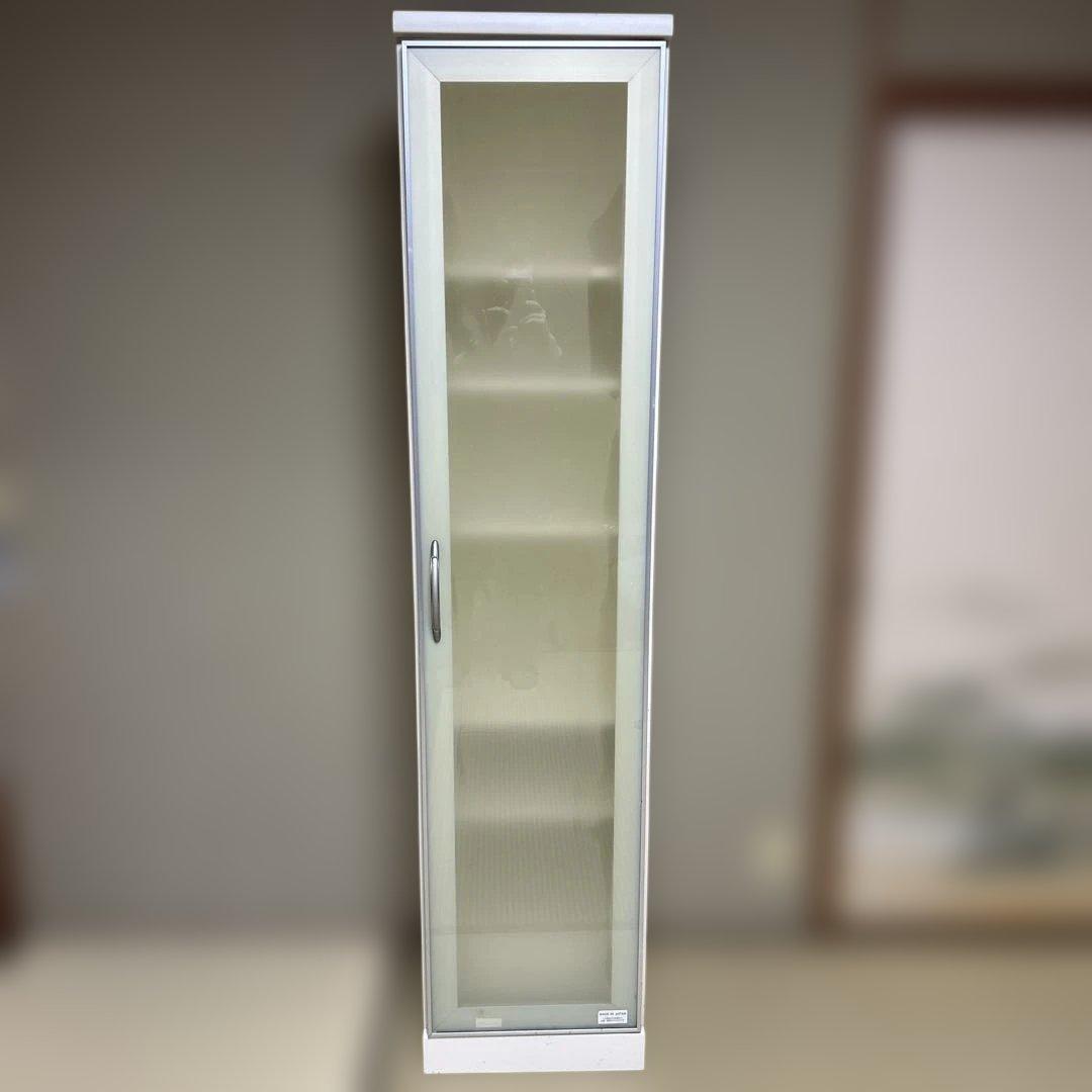 クリーム ガラス扉 スリム キャビネット