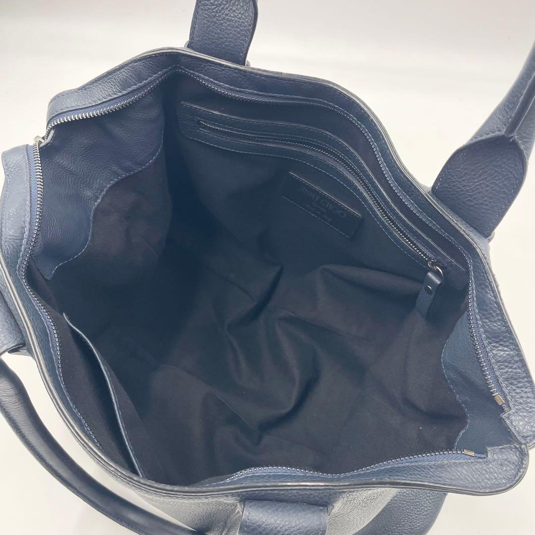 【美品】ジミーチュウ サヴィル スタッズ レザー トートバッグ シボ革 ネイビー