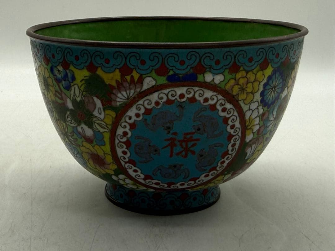 中国　民国期　七宝焼　福禄寿碗1対　景泰藍　送料込み251217