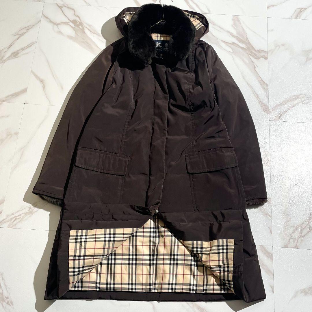 美品！バーバリーロンドンダウンコートノバチェックラビットファーフード着脱可 44