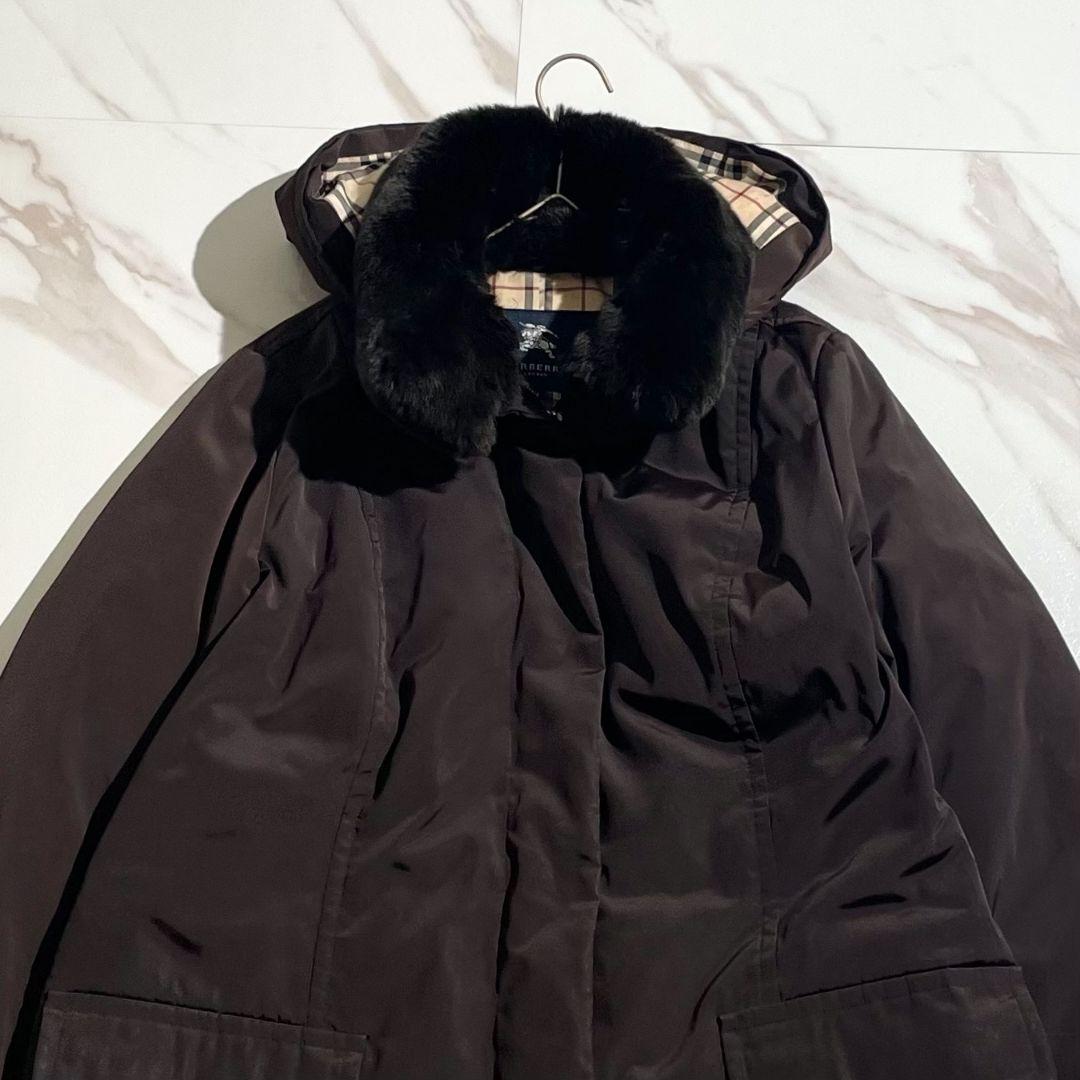 美品！バーバリーロンドンダウンコートノバチェックラビットファーフード着脱可 44