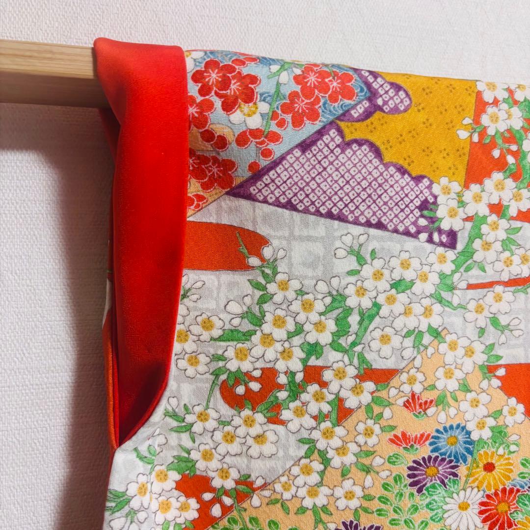 【女の子】 着物単品 草花模様 流水 波紋様 七五三 7歳