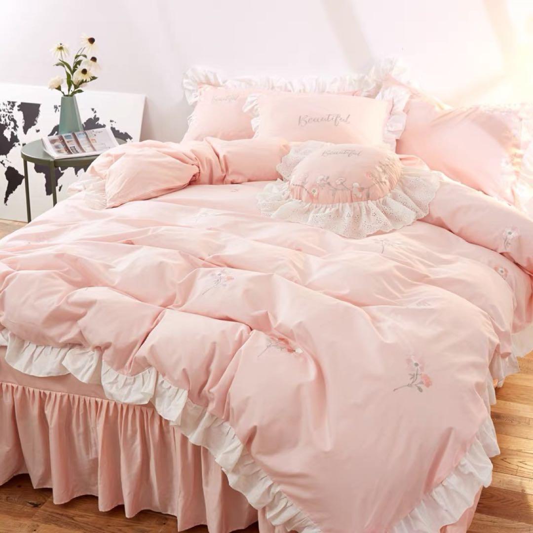 ピンク花柄刺繍セミダブルカバーセット