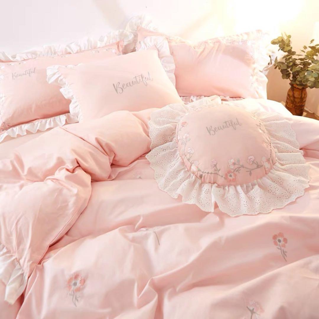 ピンク花柄刺繍セミダブルカバーセット