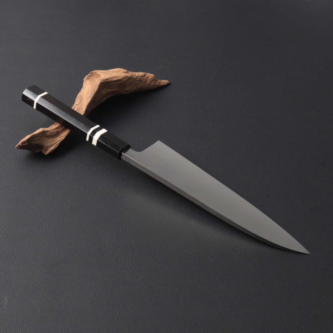 10672鏡面仕上げ出刃包丁 8寸 刺身包丁 本出刃 黒檀黒水牛角白三本巻八角柄