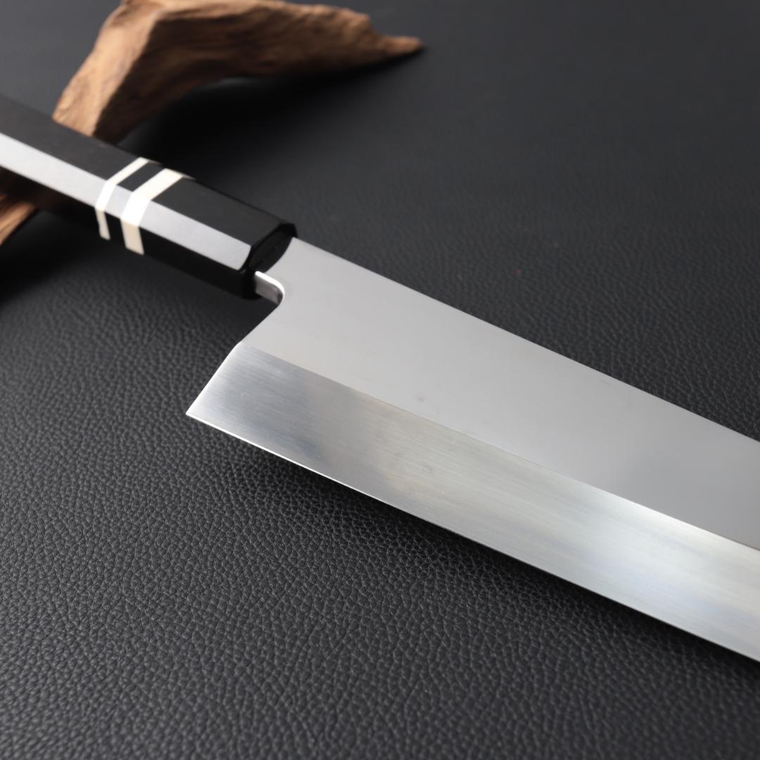 10672鏡面仕上げ出刃包丁 8寸 刺身包丁 本出刃 黒檀黒水牛角白三本巻八角柄
