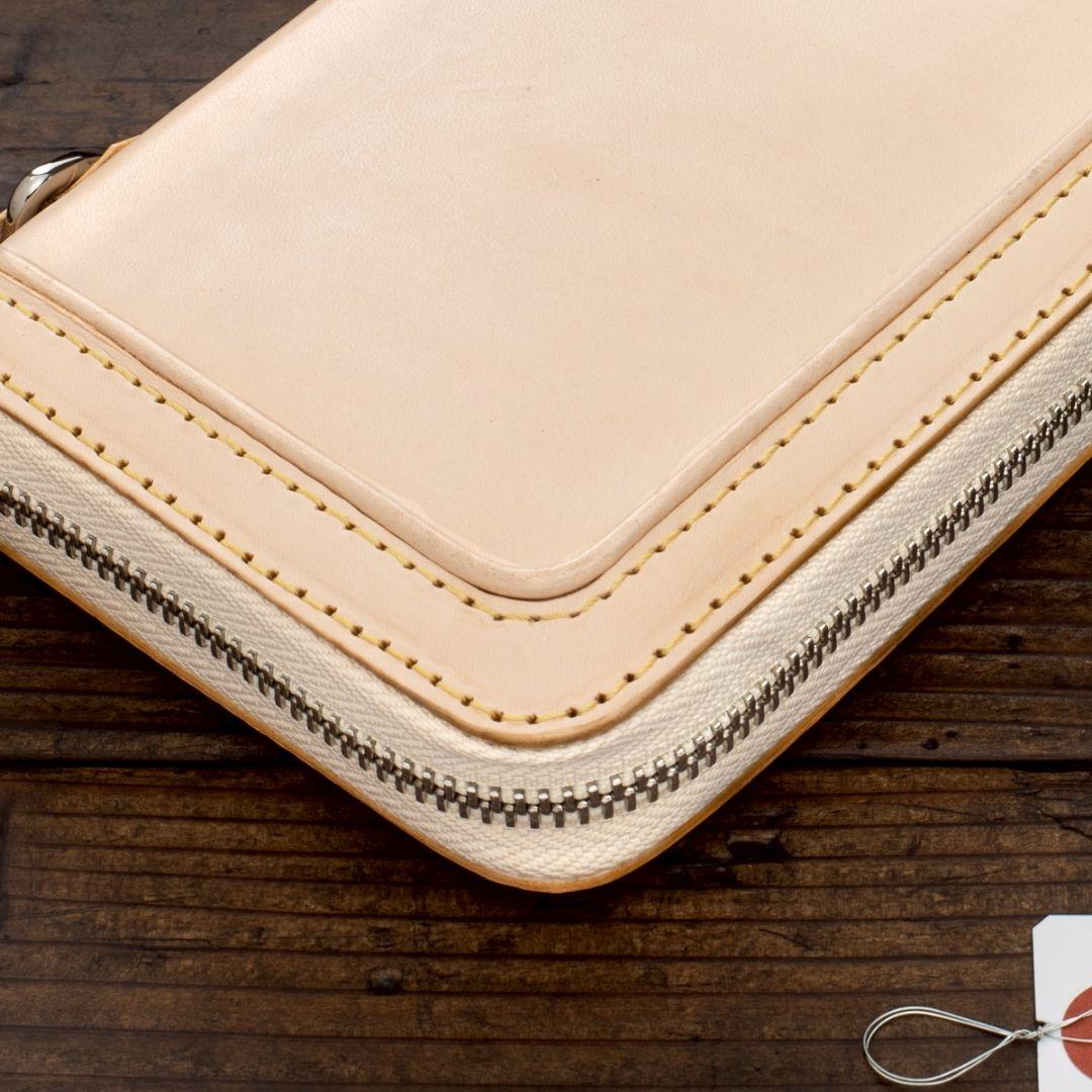 メンズ 本革 フルレザー 長財布 ラウンドファスナー 生成り ハンドメイド