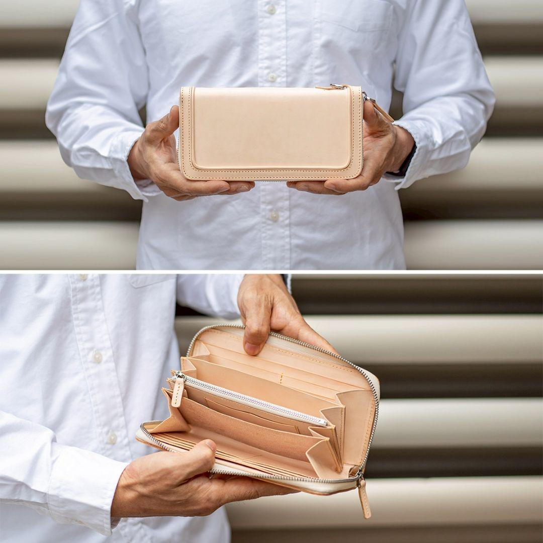 メンズ 本革 フルレザー 長財布 ラウンドファスナー 生成り ハンドメイド