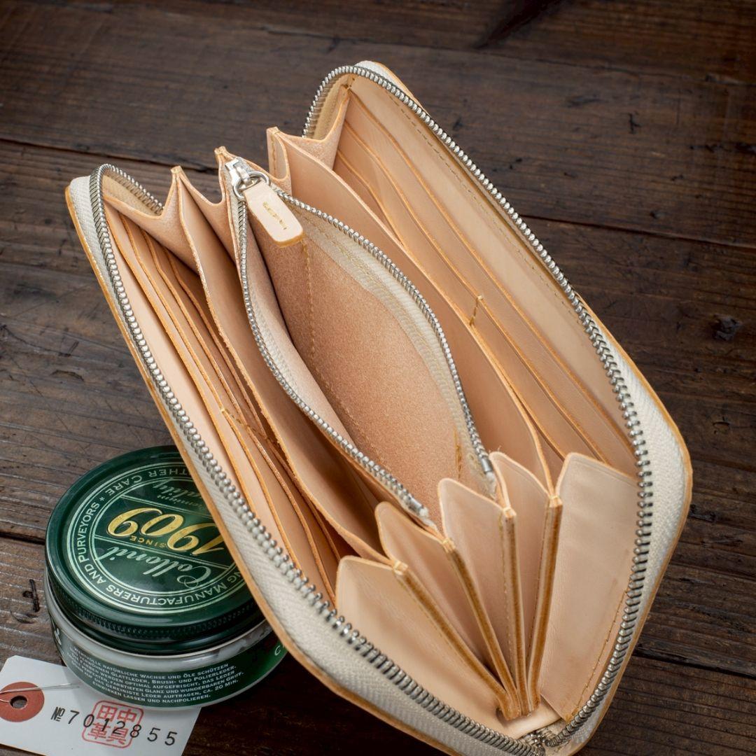 メンズ 本革 フルレザー 長財布 ラウンドファスナー 生成り ハンドメイド