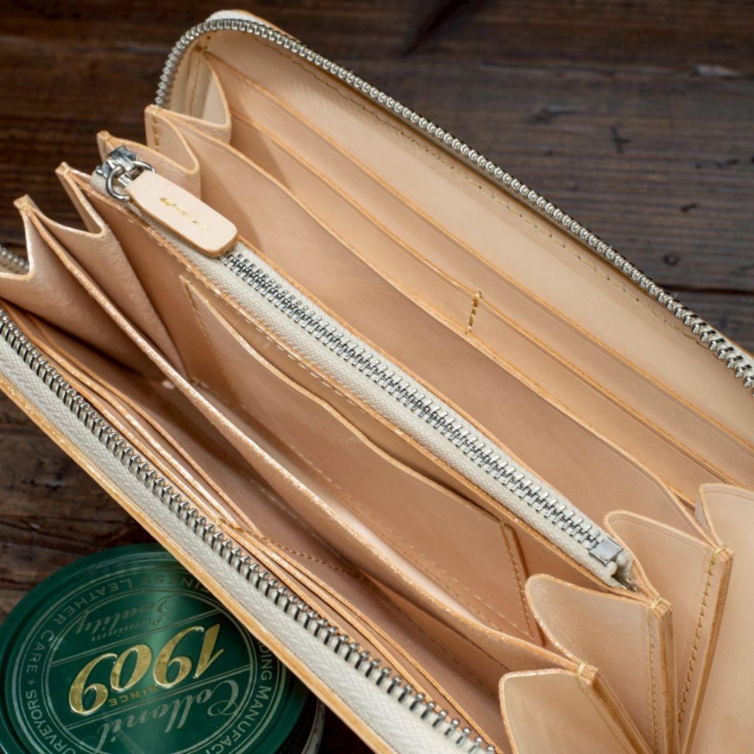 メンズ 本革 フルレザー 長財布 ラウンドファスナー 生成り ハンドメイド