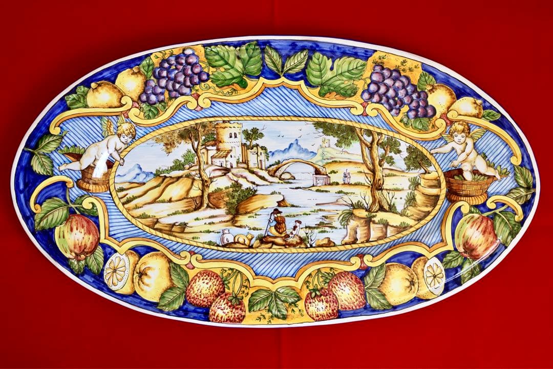 イタリア雑貨・大皿・飾皿【デルータ　マヨルカ焼き　高級絵皿　天使　オーバル皿】