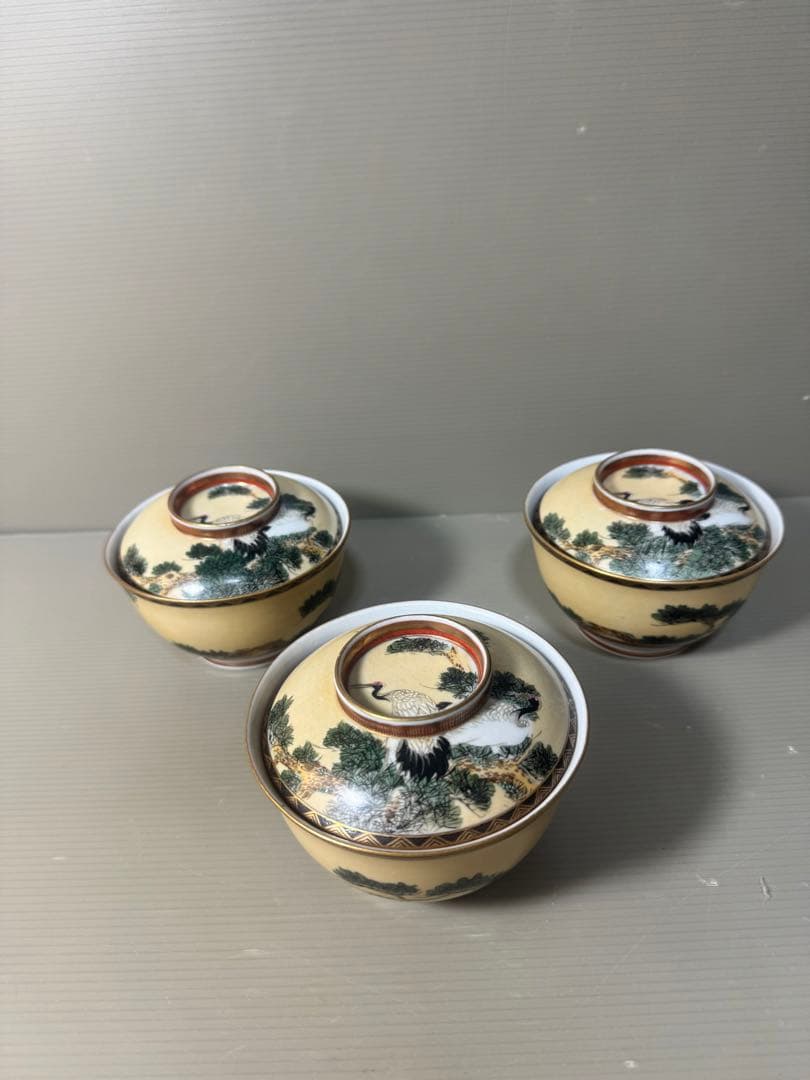 2573 九谷焼　松鶴　蓋付き碗　3客　時代物