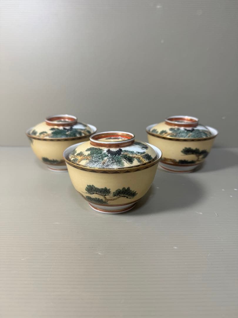 2573 九谷焼　松鶴　蓋付き碗　3客　時代物